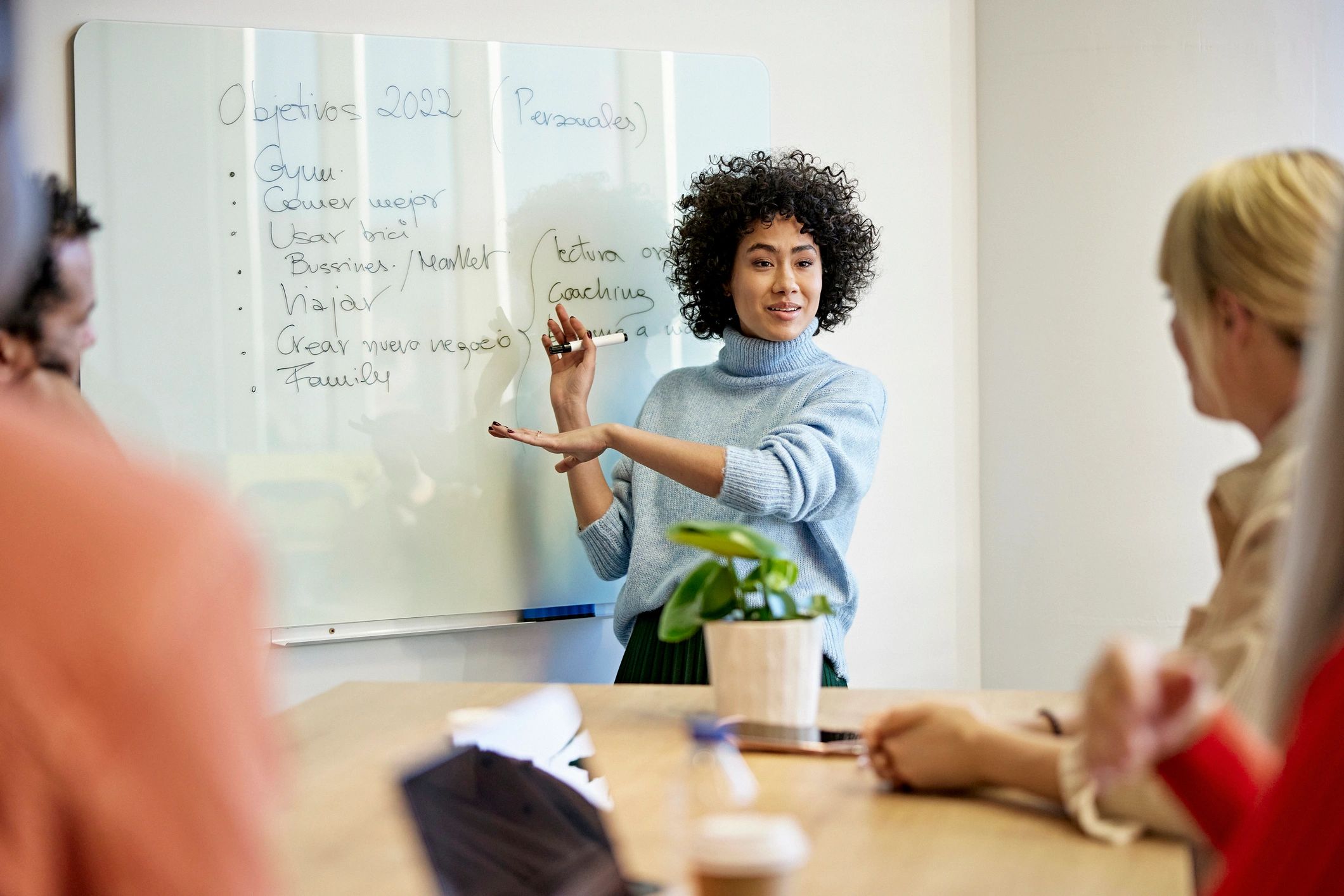 Person presenting at a whiteboard meeting.